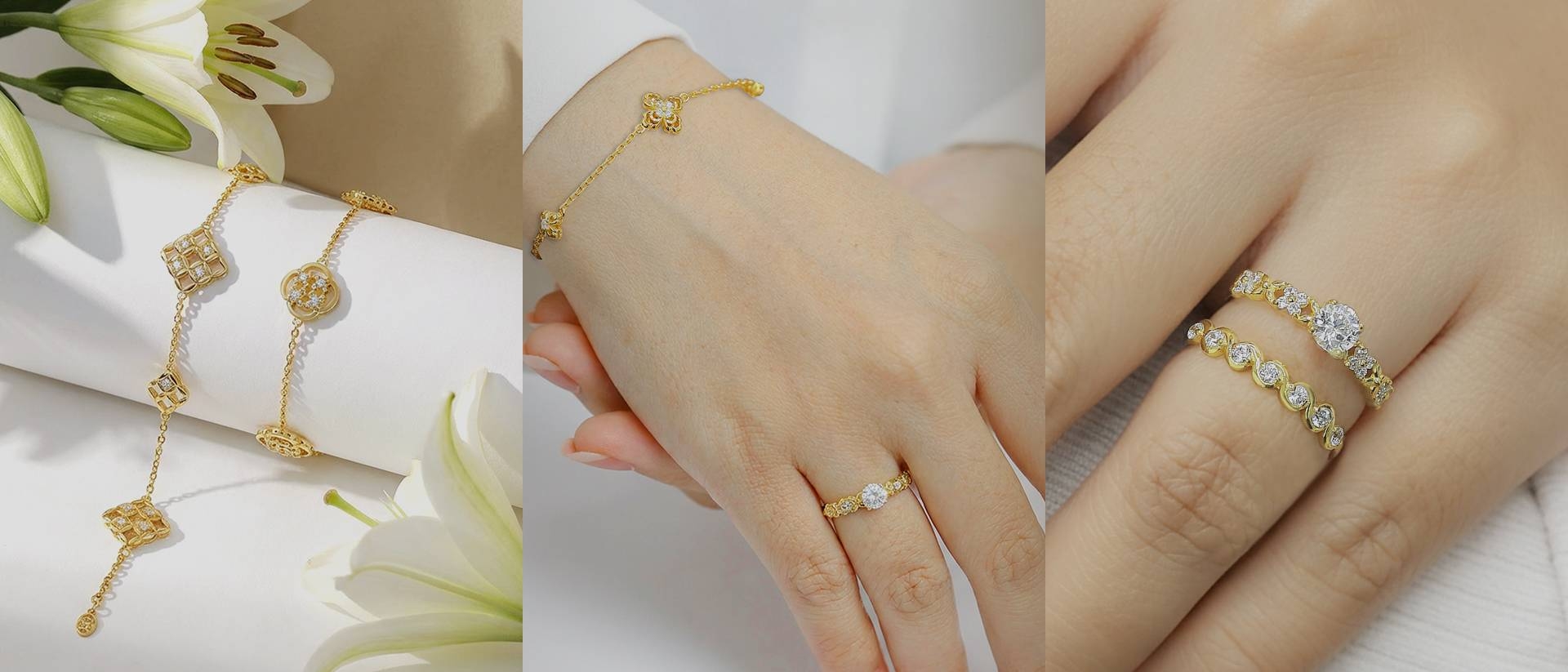Elegant 916 gold rings worn on a hand holding a pink lily, styled in a soft and feminine setting
