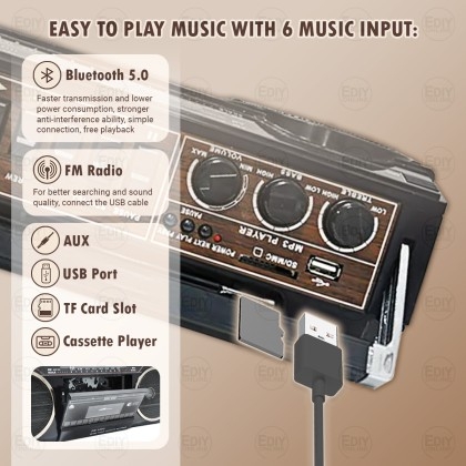 Riptunes Boombox Radio Cassette Player Recorder, AM/FM -SW1/SW2 Radio,  Wireless Streaming, USB/Micro SD Slots, Aux in, Headphone Jack, Classic 80s