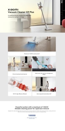 Xiaomi Vacuum Cleaner G9 Plus, Powerful Handheld Vacuum. 120AW max Suction  Power, Roller Brush with Anti-Hair Entanglement Design, 60-Minute Battery