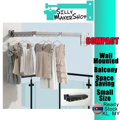 Compact) Balcony Wall Mounted Retractable Foldable Clothes Drying Rack  Clothes Hanger Space Saving Rack