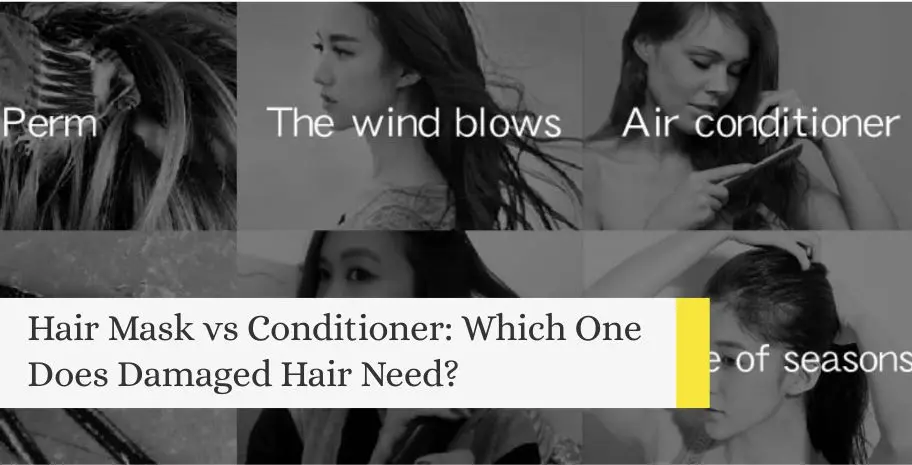 Collage of women with damaged hair and text comparing hair masks versus conditioners for hair repair.