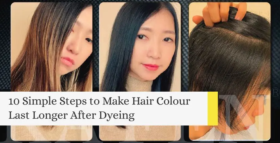 Collage image showing hair before and after dyeing with healthy black roots