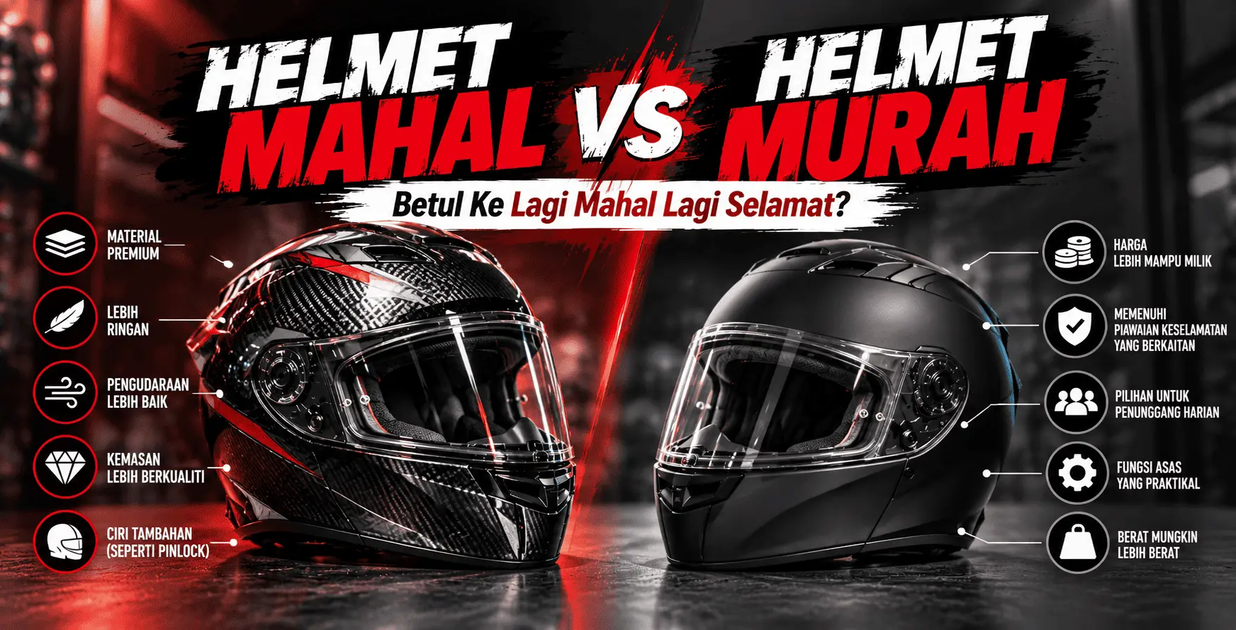 Perbandingan helmet mahal dan helmet murah dari segi material, keselesaan dan keselamatan motosikal di Malaysia.