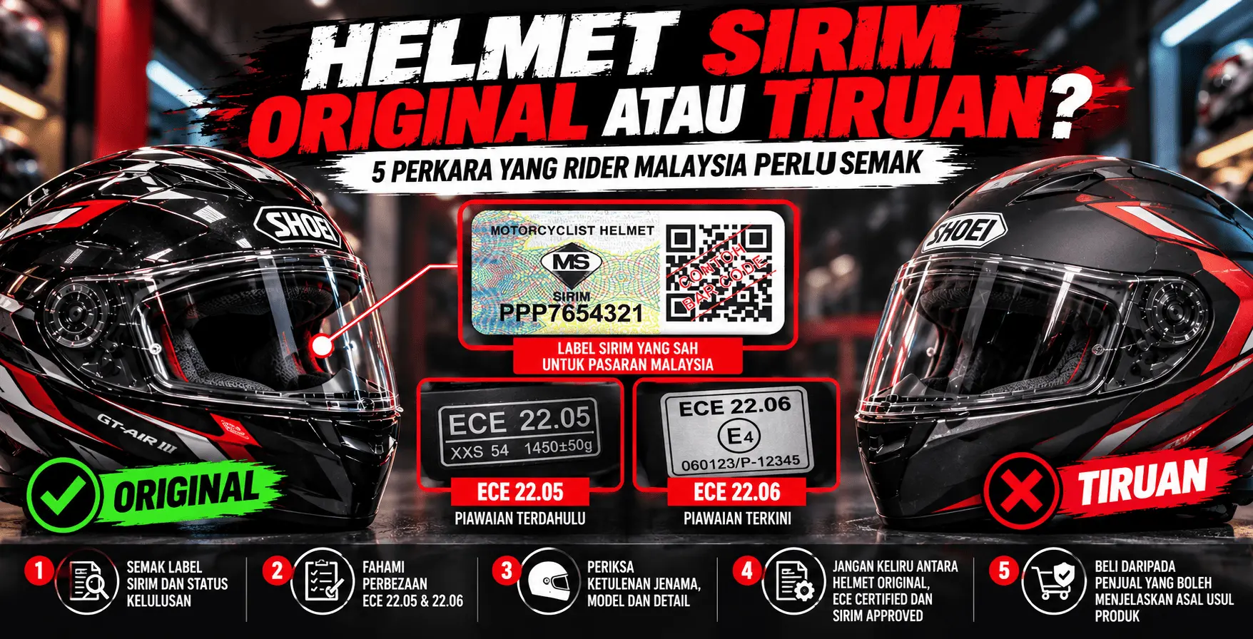 Cara mengenal pasti helmet SIRIM original atau tiruan dan memahami perbezaan pensijilan ECE 22.05 dengan ECE 22.06.