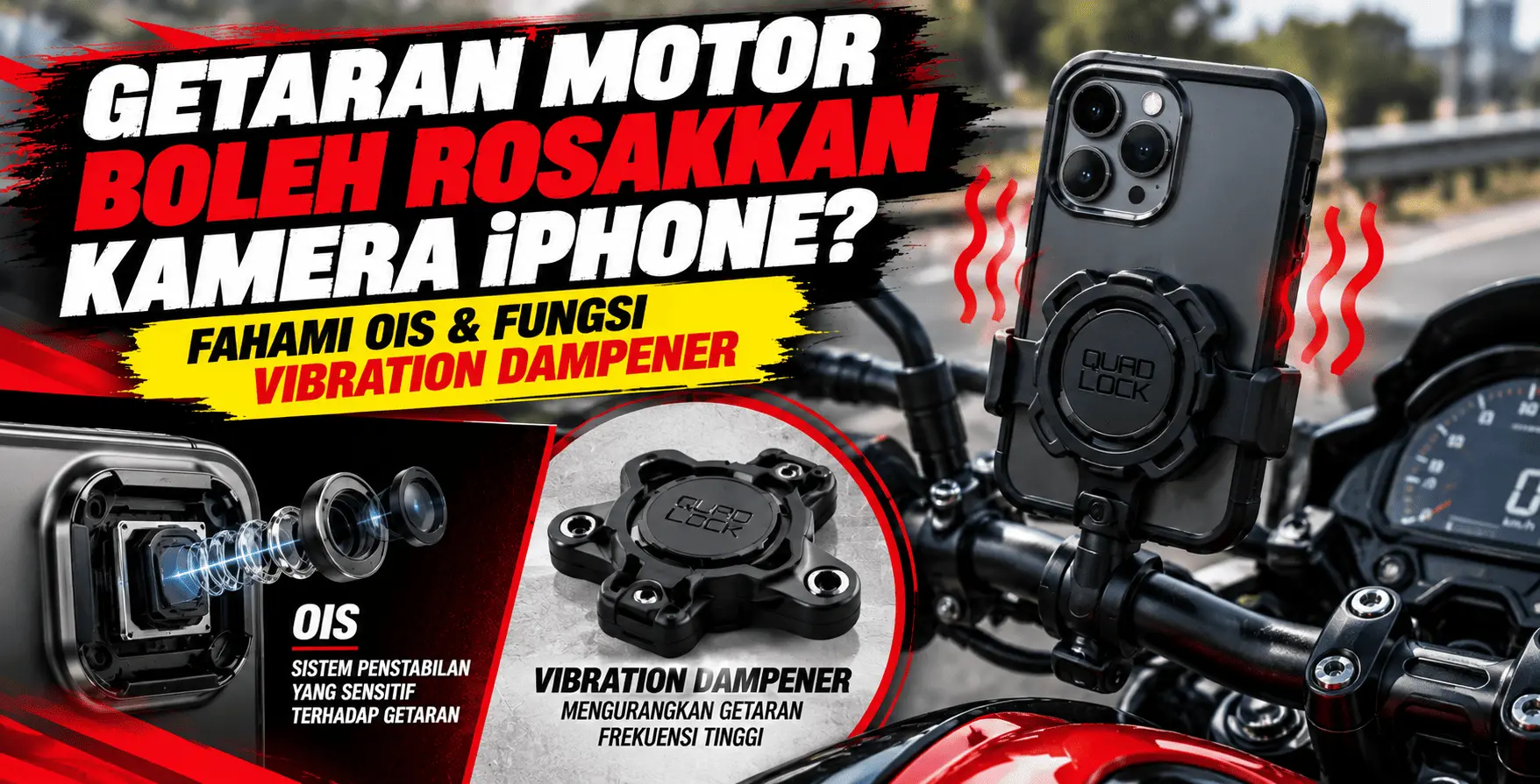 Kamera iPhone dipasang pada handlebar motosikal dengan vibration dampener untuk mengurangkan risiko kerosakan akibat getaran enjin