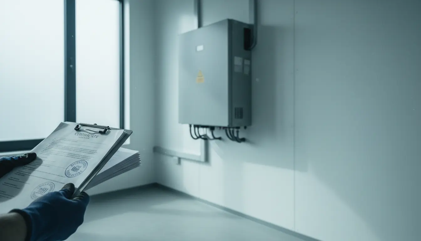 Commercial solar inverter beside stamped compliance certificates during a Malaysian grid-connection check