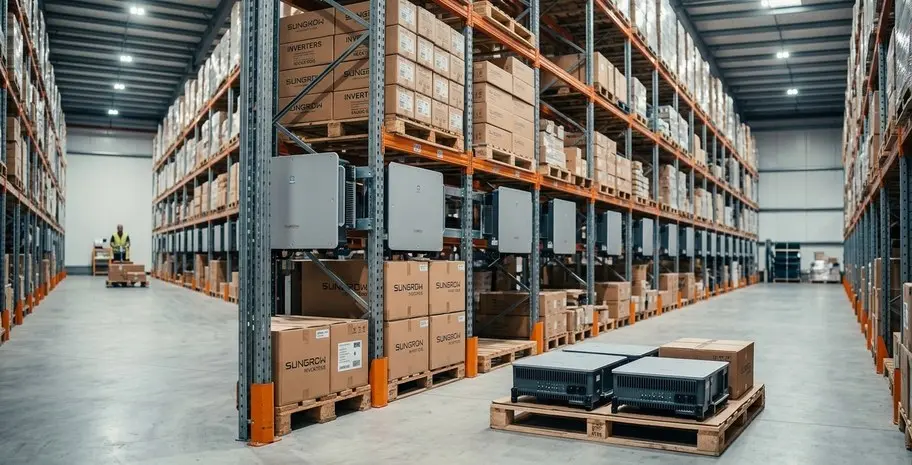 Genuine Sungrow C&I string inverters racked in InverPower's distribution warehouse in Malaysia