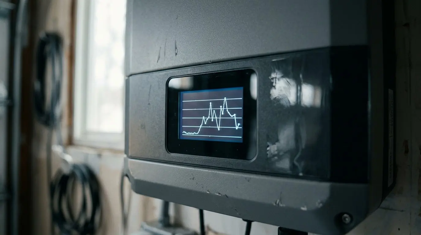 Wall-mounted solar inverter display showing a fluctuating power output curve, DC cabling coiled on the wall behind
