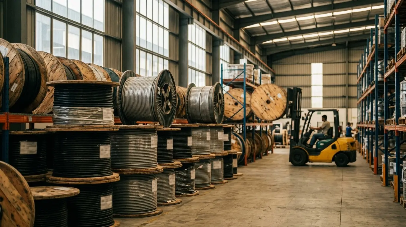 Cable drums racked in a distributor warehouse in Malaysia, with a forklift working the aisle behind them