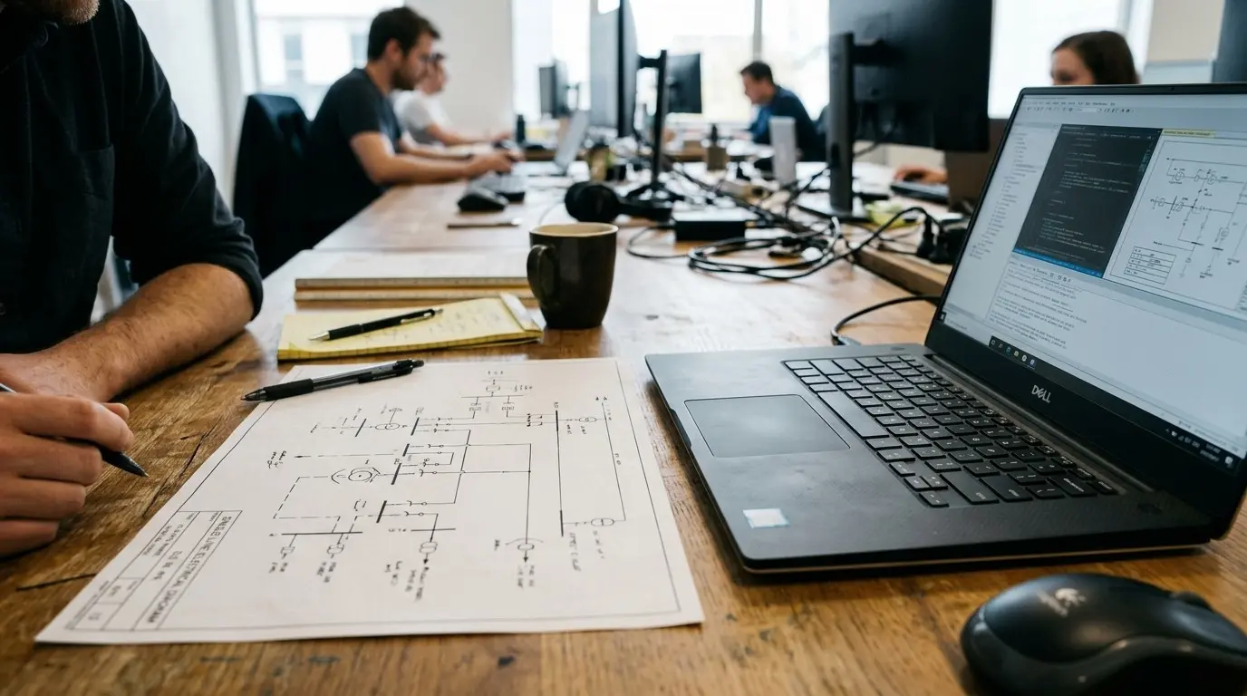 Printed electrical single-line diagram on an engineer's desk beside a laptop showing the same schematic in CAD