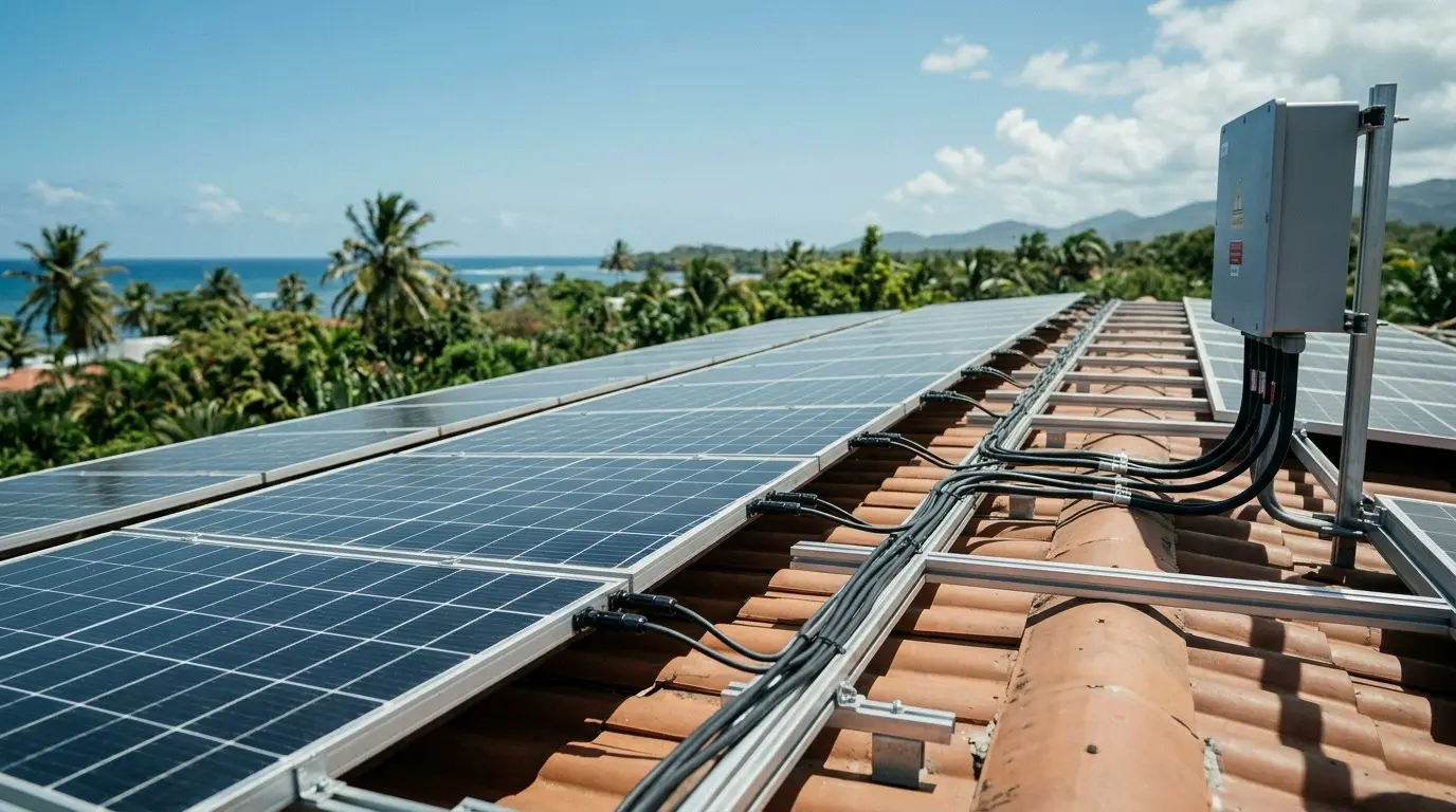 Rooftop solar array on a tiled roof with a combiner box and DC cabling, tropical coastline behind