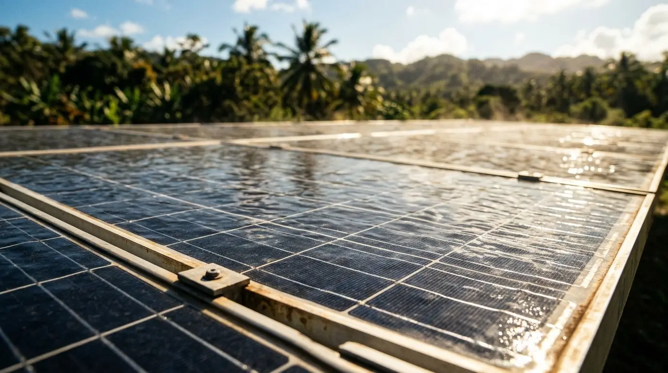 Close-up along the surface of a rooftop solar module in bright tropical sunlight, palms and hills behind