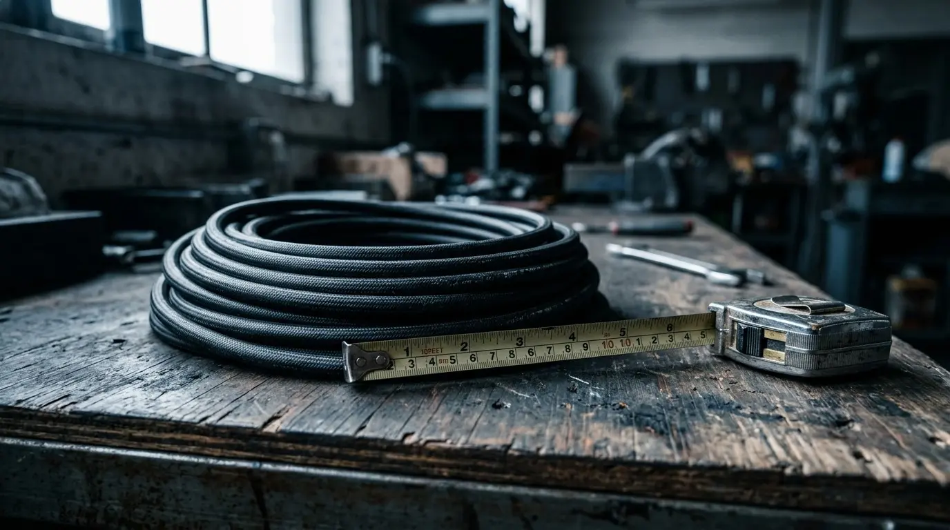 Coil of black solar DC cable on a workbench beside a steel tape measure