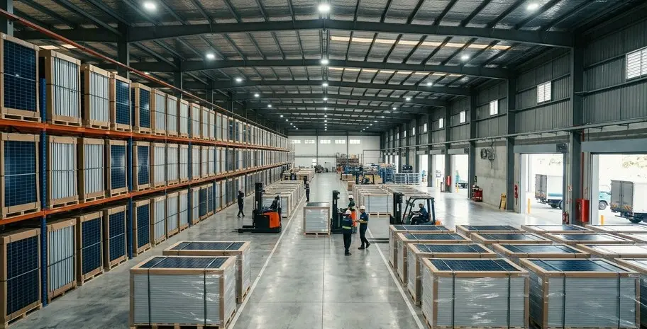 Palletised solar modules stacked on warehouse racking with forklifts and staff on the floor