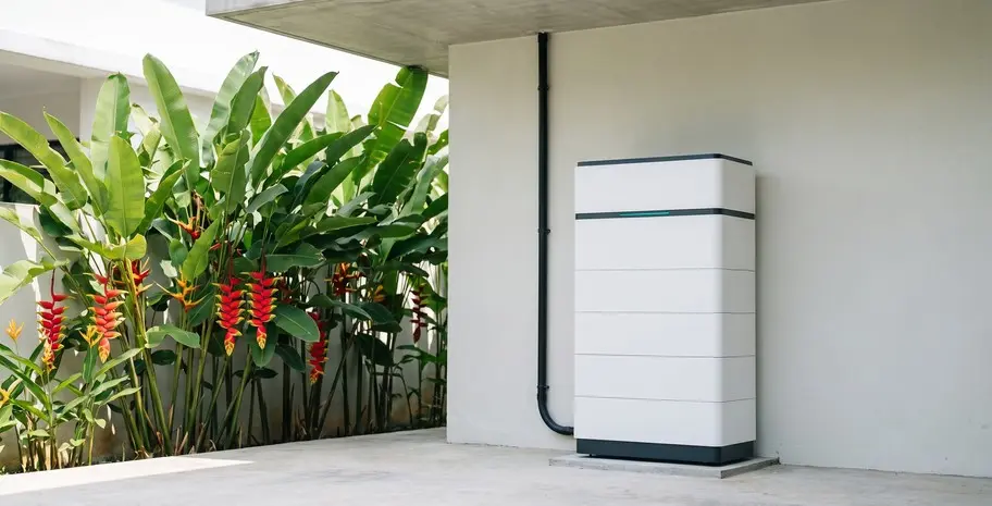 Sungrow SBH stacked lithium battery standing against a shaded exterior wall of a Malaysian house