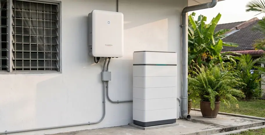 Wall-mounted hybrid inverter and battery module side by side on the exterior wall of a house