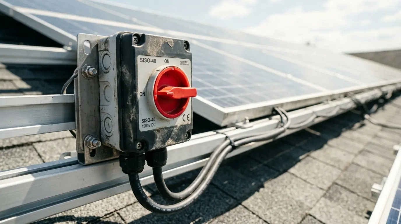 Rooftop DC isolator with a red rotary handle mounted on array rails beside a solar module