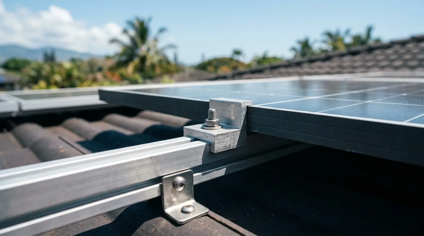 Aluminium mid-clamp bolted to a mounting rail holding a solar module on a tiled roof