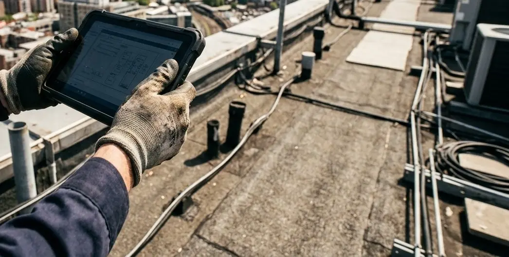 Surveyor holding a rugged tablet showing a site drawing on a flat roof with plant and cable runs