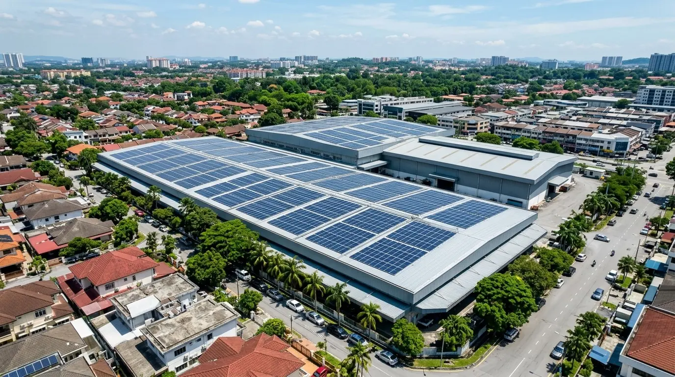 Aerial view of a Malaysian industrial building with a fully panelled roof among housing and shoplots