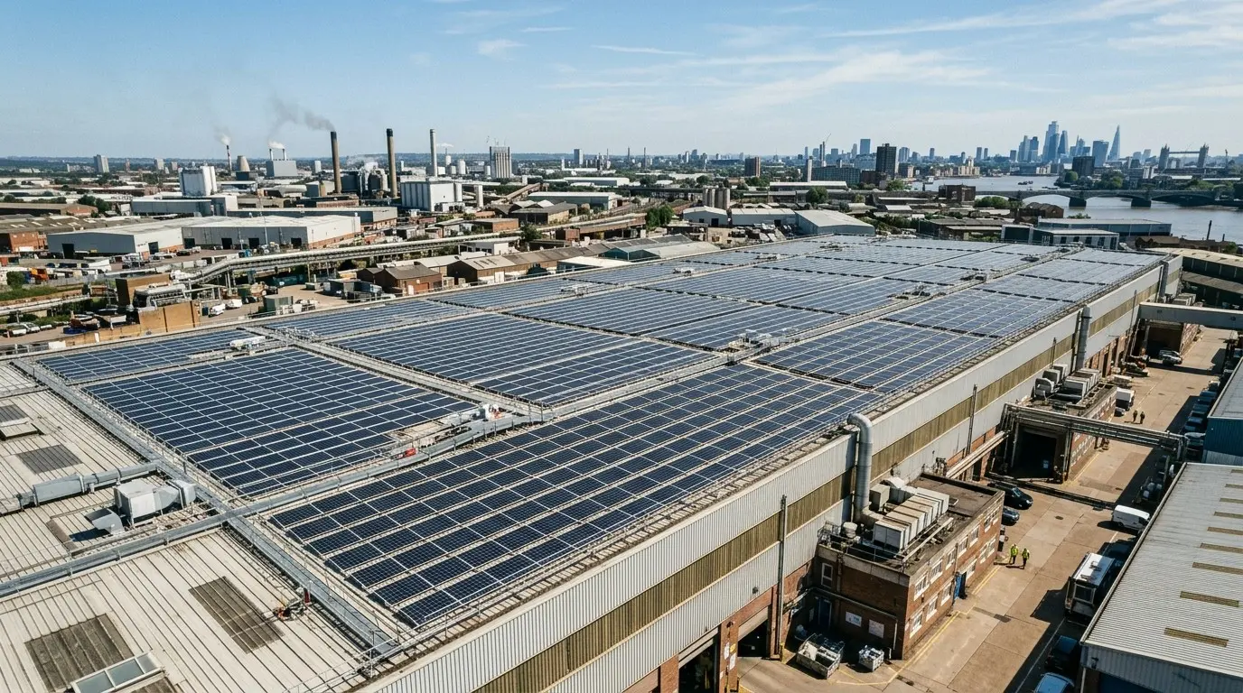 Aerial view of a large industrial roof covered in solar panels above a working estate