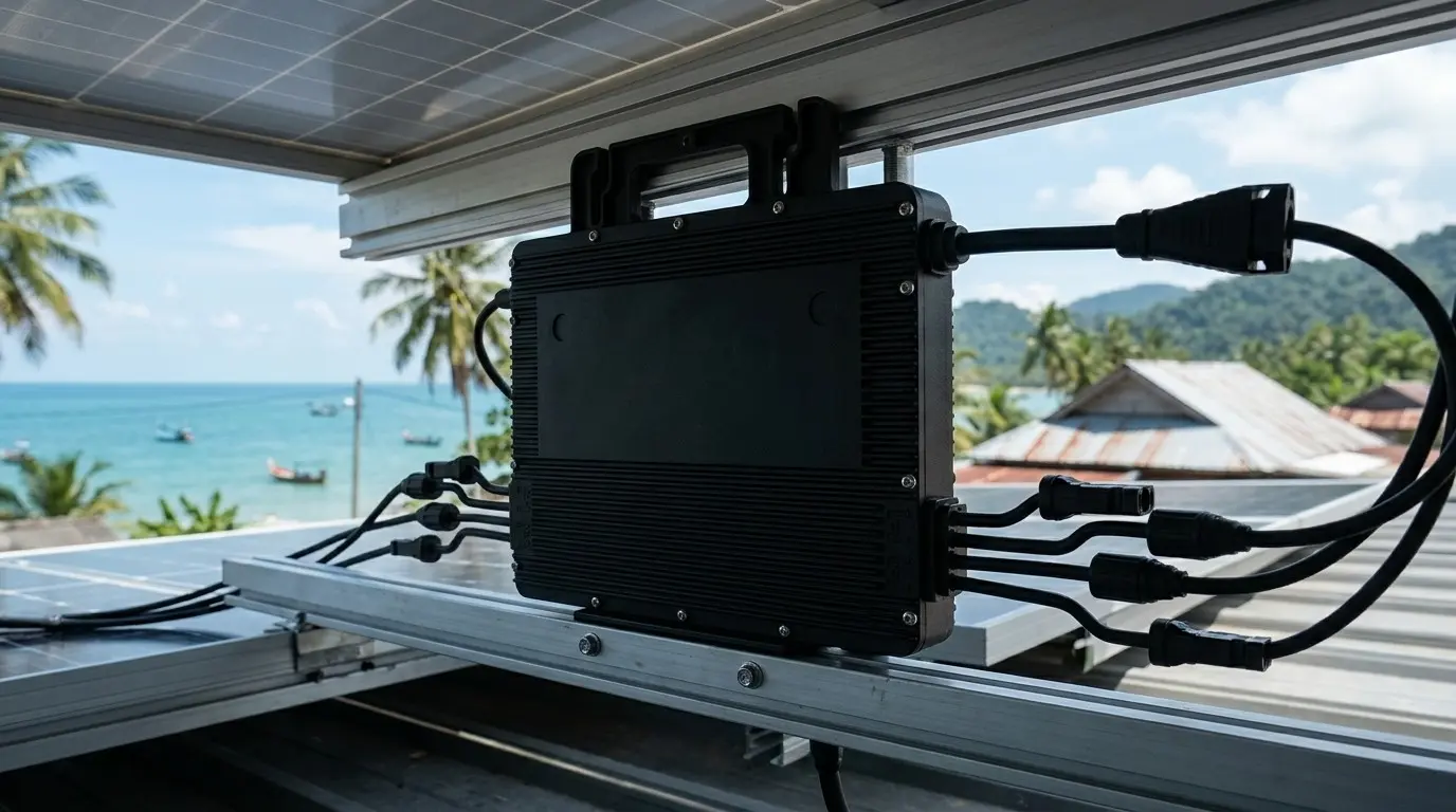 Microinverter mounted on the rail beneath a rooftop module with MC4 and AC leads connected