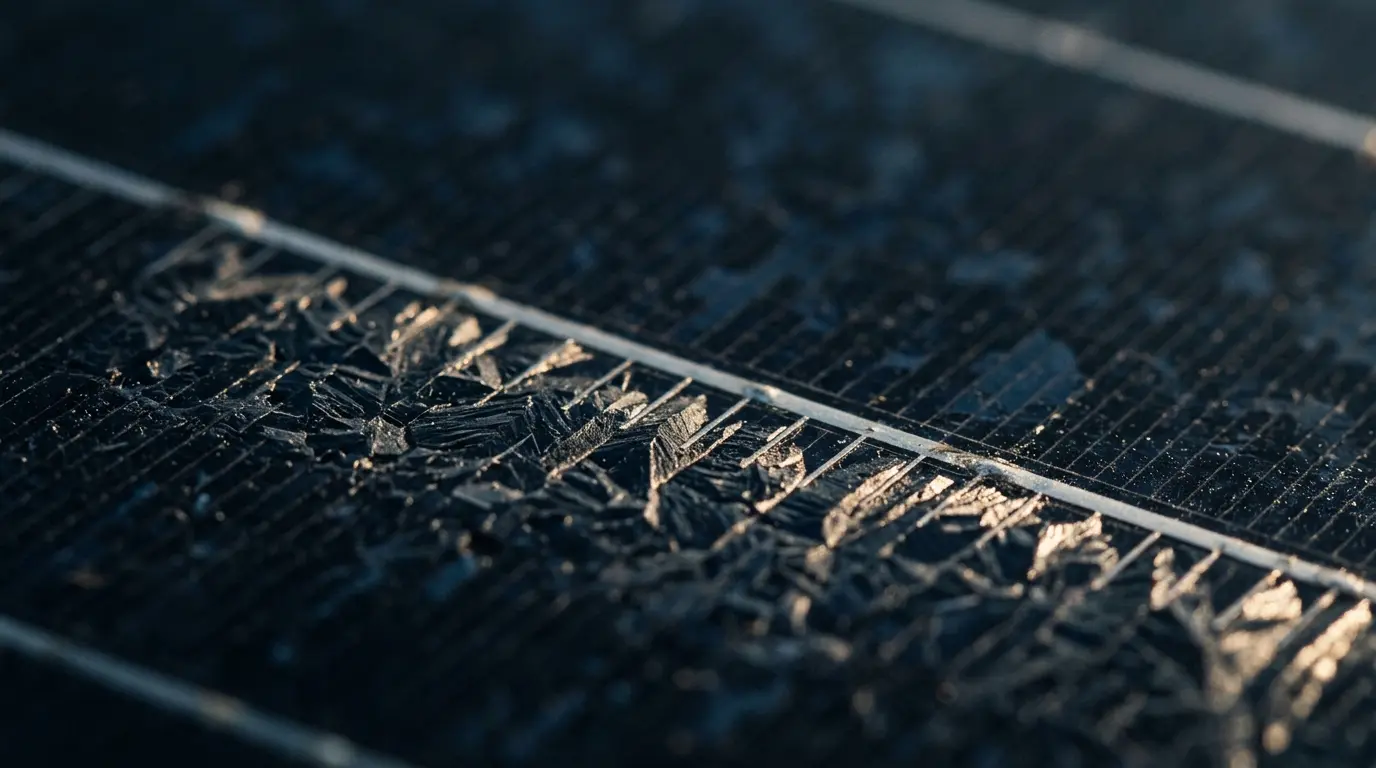 Close-up of a solar cell surface showing busbars and the textured crystalline finish in low light