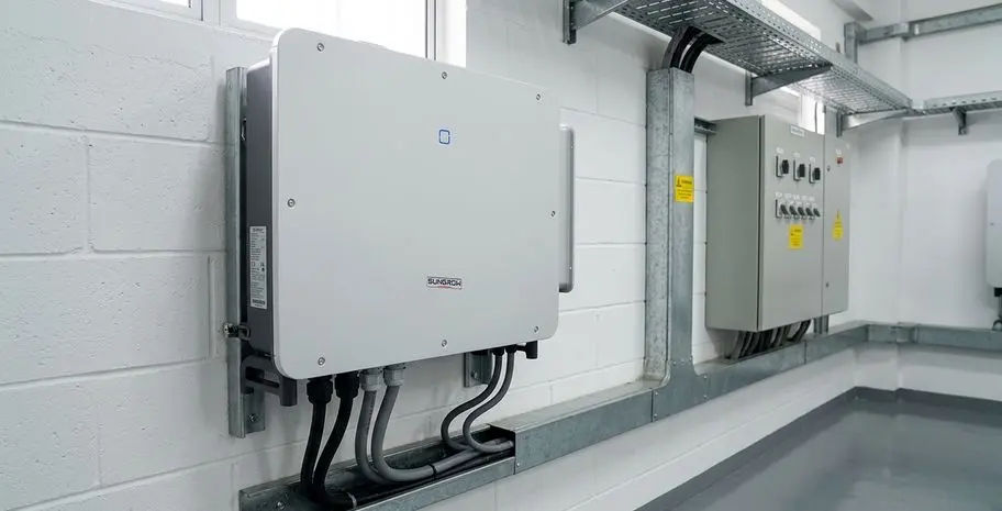 Wall-mounted solar inverter with glanded cables running to a distribution board in a plant room