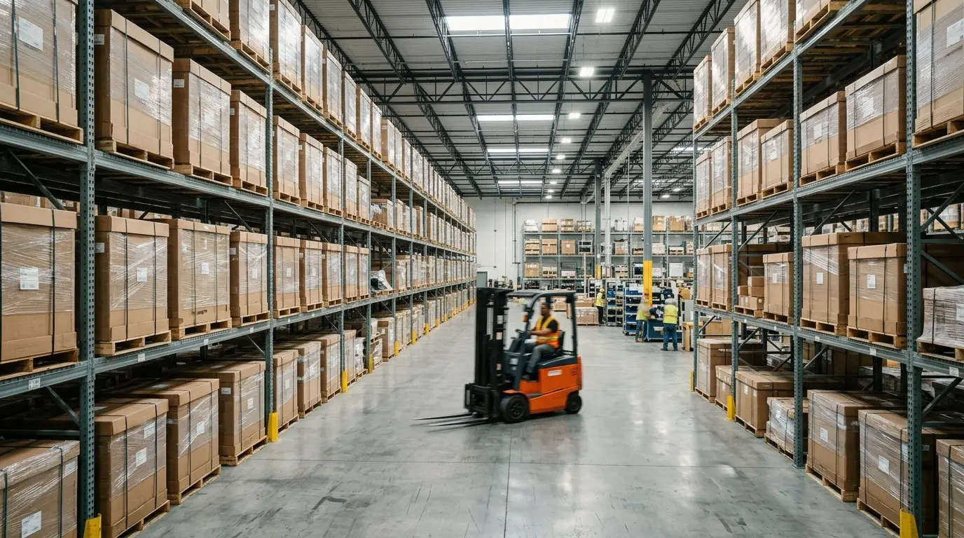 Warehouse aisle with pallets racked to the ceiling and a forklift moving stock down the centre