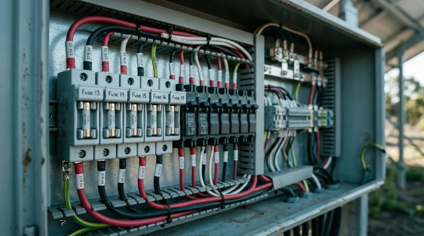 Open string combiner box with labelled DC fuse holders and breakers on DIN rail with red and black cabling
