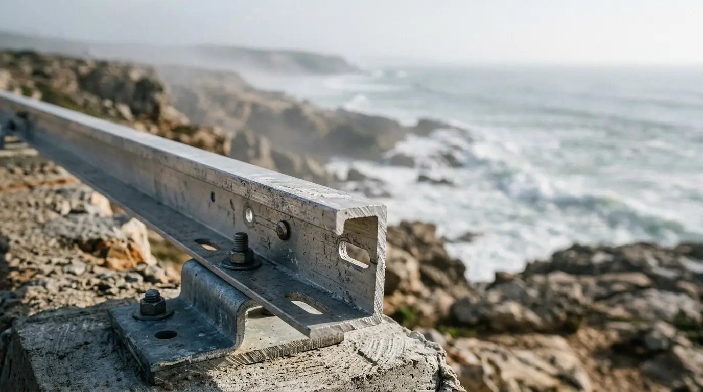Metal mounting rail bolted to a concrete base on an exposed rocky coastline with surf behind