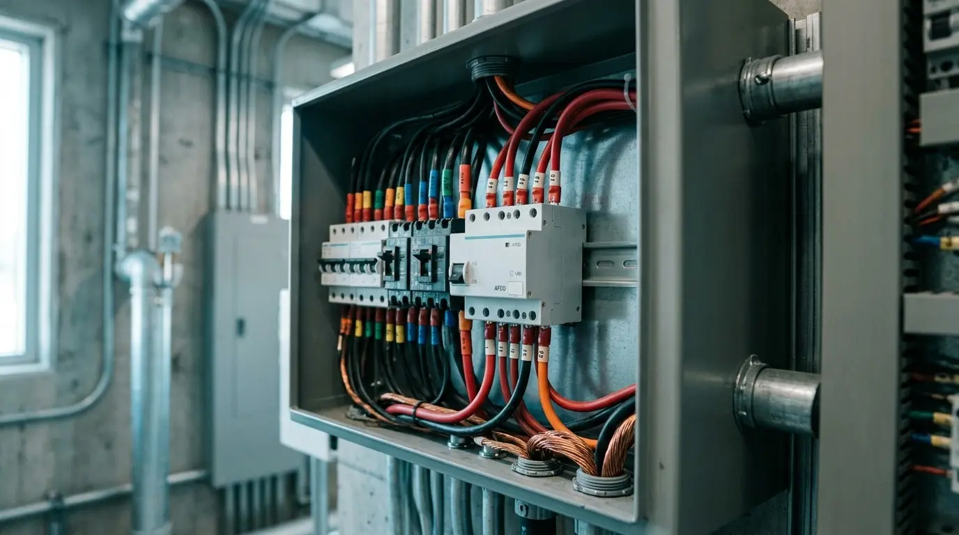 Open DC distribution enclosure with breakers and an arc-fault detection device on DIN rail