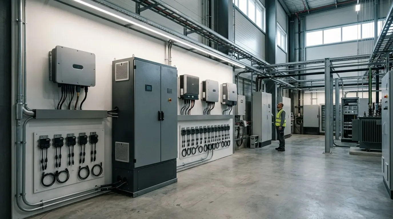 Inverter room with wall-mounted string inverters, a floor-standing cabinet and DC isolators on the wall
