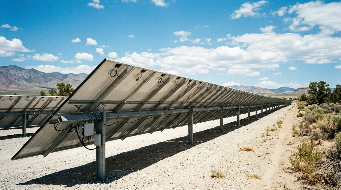 Row of elevated ground-mounted solar modules seen from behind with pale gravel beneath them