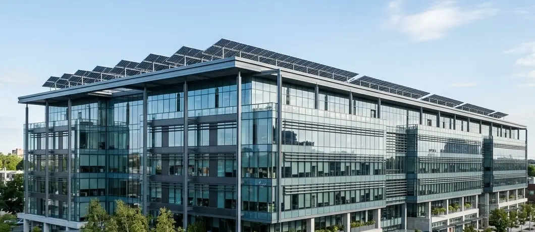 Modern commercial office building with rows of solar modules along its roofline
