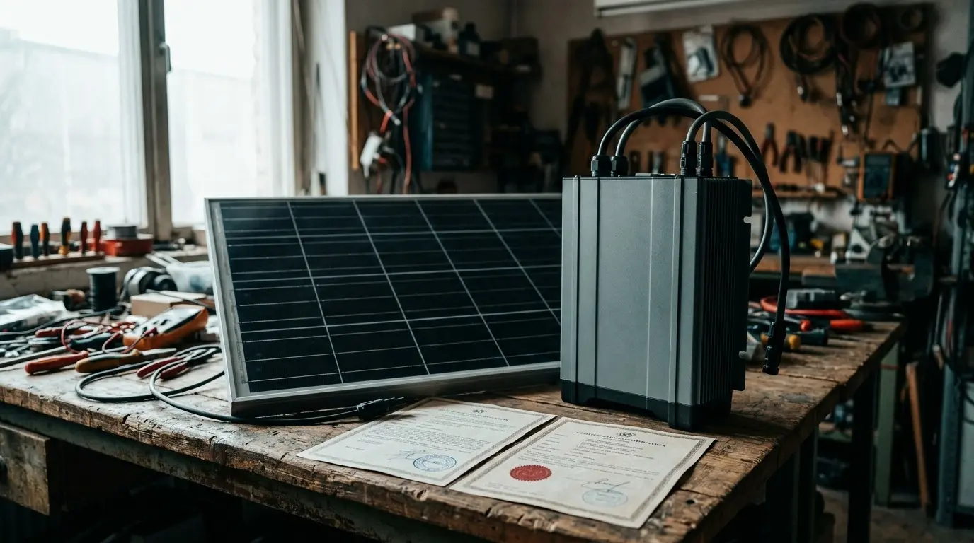 Solar module and inverter on a workbench with two certification documents laid out in front of them