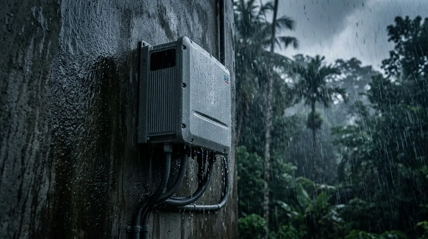 Wall-mounted solar inverter running in heavy tropical rain with water beading on its housing