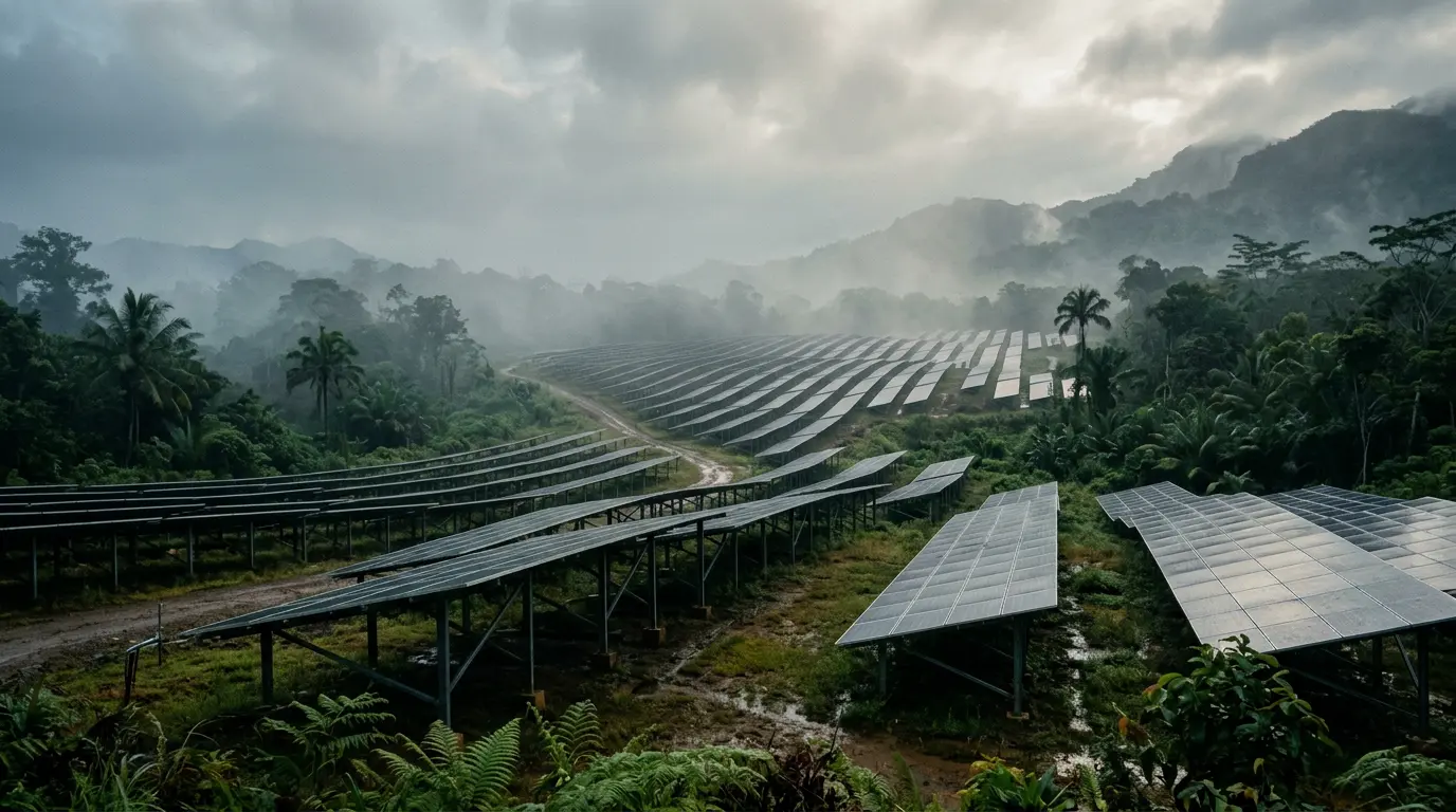 Rows of ground-mounted solar modules on a hillside under mist and heavy tropical cloud