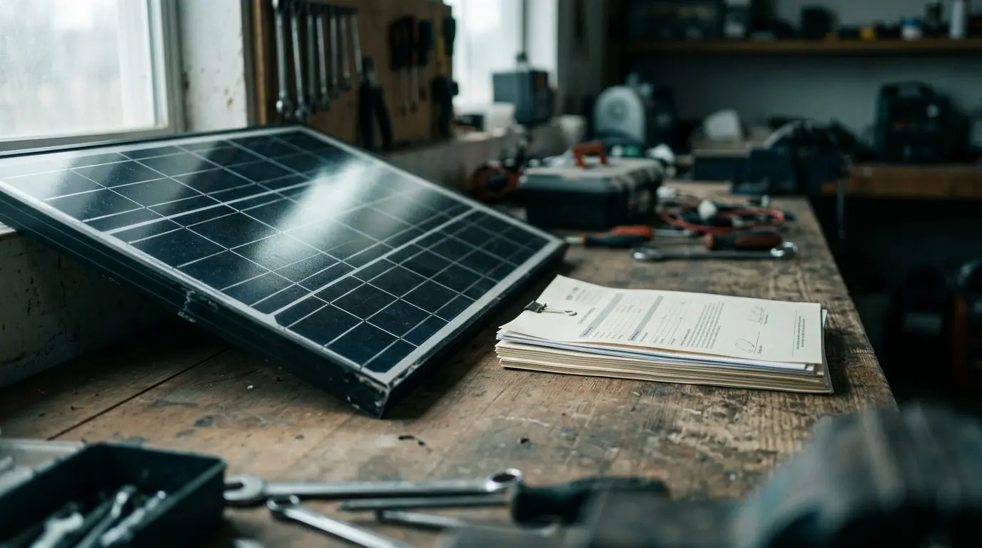 Solar module propped against a workbench beside a stack of documents and hand tools