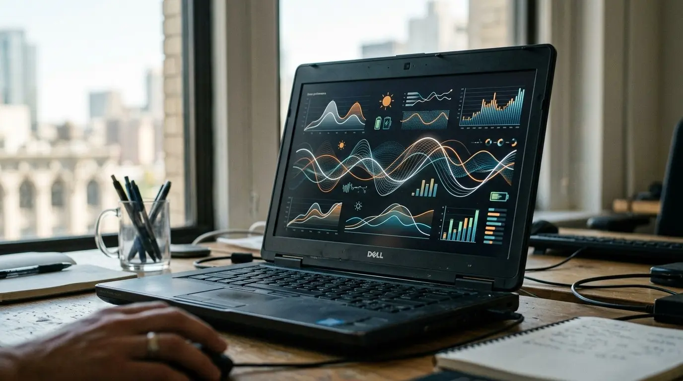 Laptop on a desk showing a solar generation dashboard with charts and daily production curves