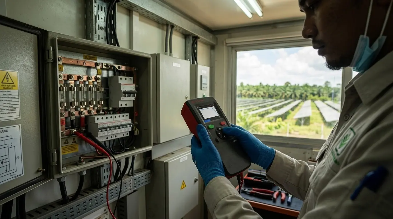 Technician holding a solar test instrument at an open DC combiner board with test leads connected