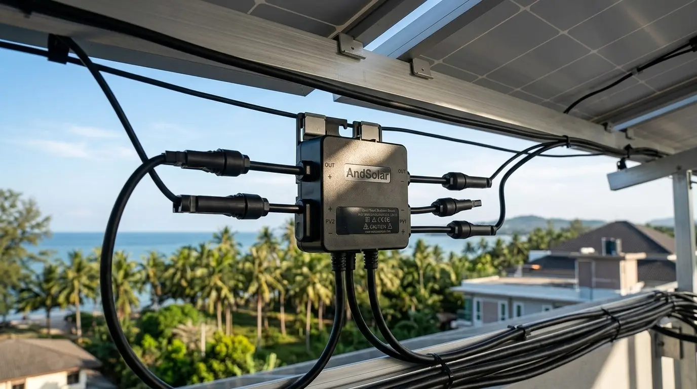 AndSolar module-level rapid shutdown device mounted under a rooftop array with MC4 leads connected