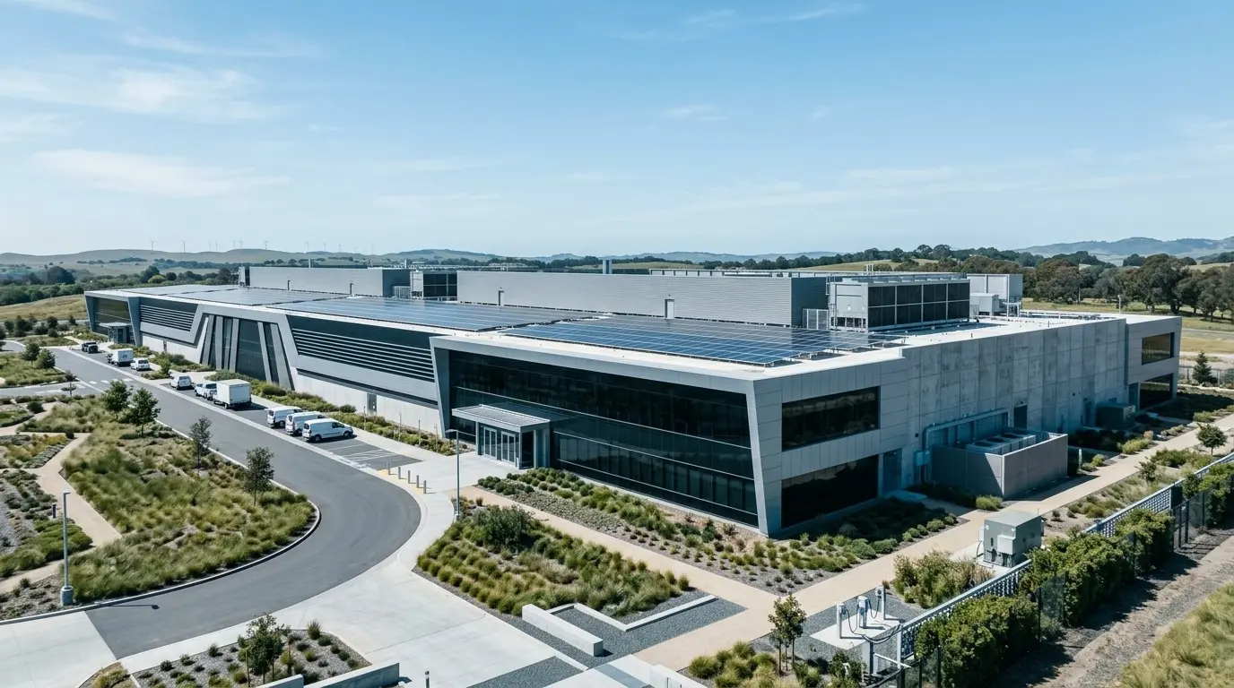 Aerial view of a data centre campus with solar modules across the roof and cooling plant alongside