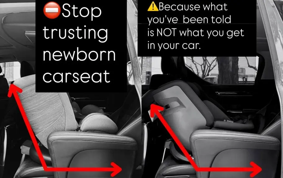 Rear facing newborn car seat showing it's recline position after installation. Comparison of recline positions of two rear facing car seats