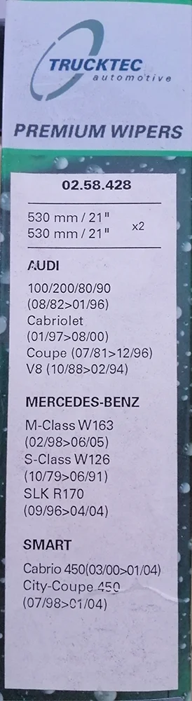 Mercedes Benz Trucktec Front Windscreen Wiper Blade Set Smart-For-Two W450 Audi V8 Coupe [21"/21"] 025842 4508200045
