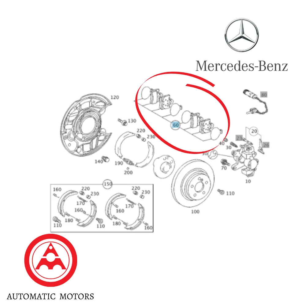 Original Mercedes Benz Rear Brake Pad SET W210 V6-E240/280 98> W203-C240/270 1-PIN 0024205220 0034202820