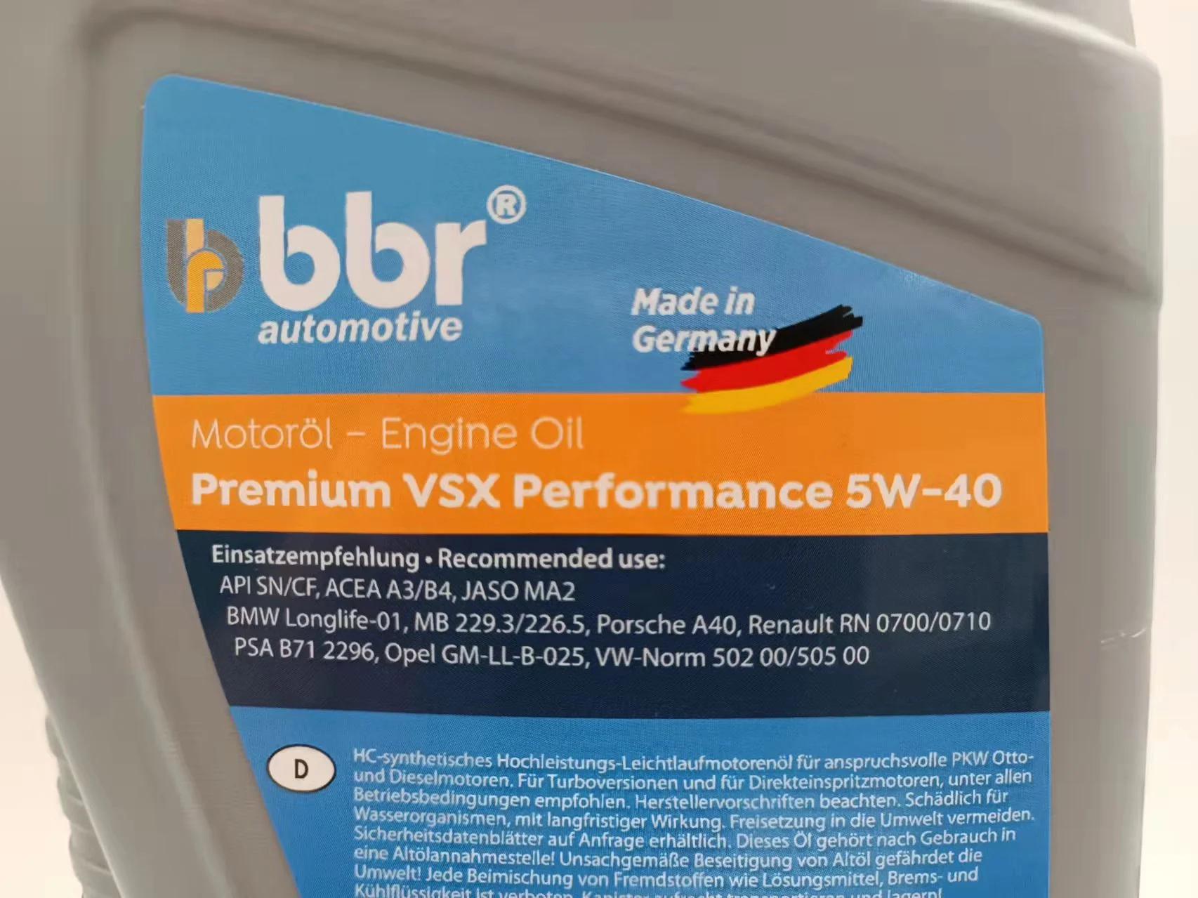 BBR Engine Oil 5W/40 Fully-Synthetic PREMIUM VSX PERFORMANCE 1-LITRE - Made In Germany 0140210060 0011022275