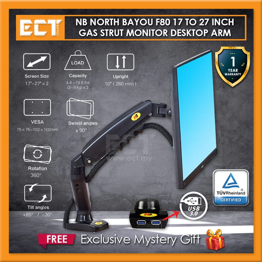 North Bayou F80 17 to 30 inch monitor desktop arm gas strut flexi mount black