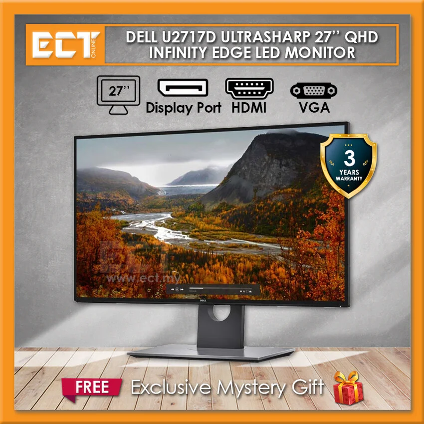 Dell U2717D UltraSharp 27 Inch QHD InfinityEdge LED Monitor featuring 2560x1440 resolution, ultra-thin border design, and factory-calibrated color accuracy for dual-display professional workstations.