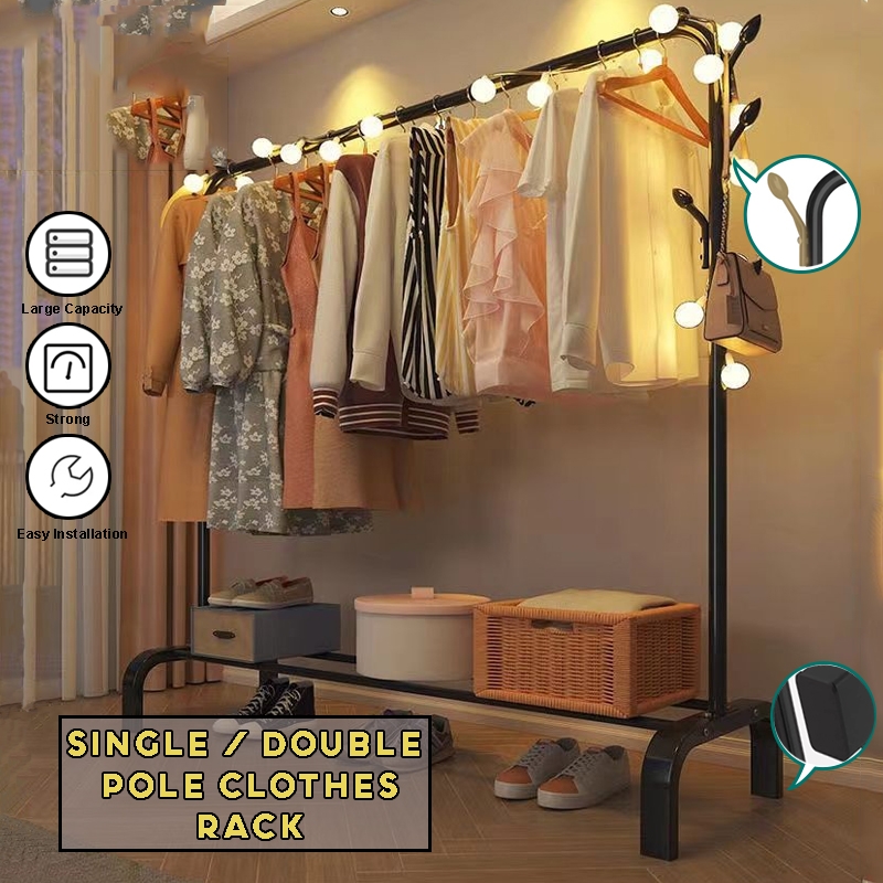 110cm Single/Double Pole Open Wardrobe Drying Clothes Hanging Organizer Strong Iron Bedroom Rack